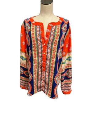 Gibson & Latimer NWT Placement Print Boho Tunic Blouse Size. XL orange Blue